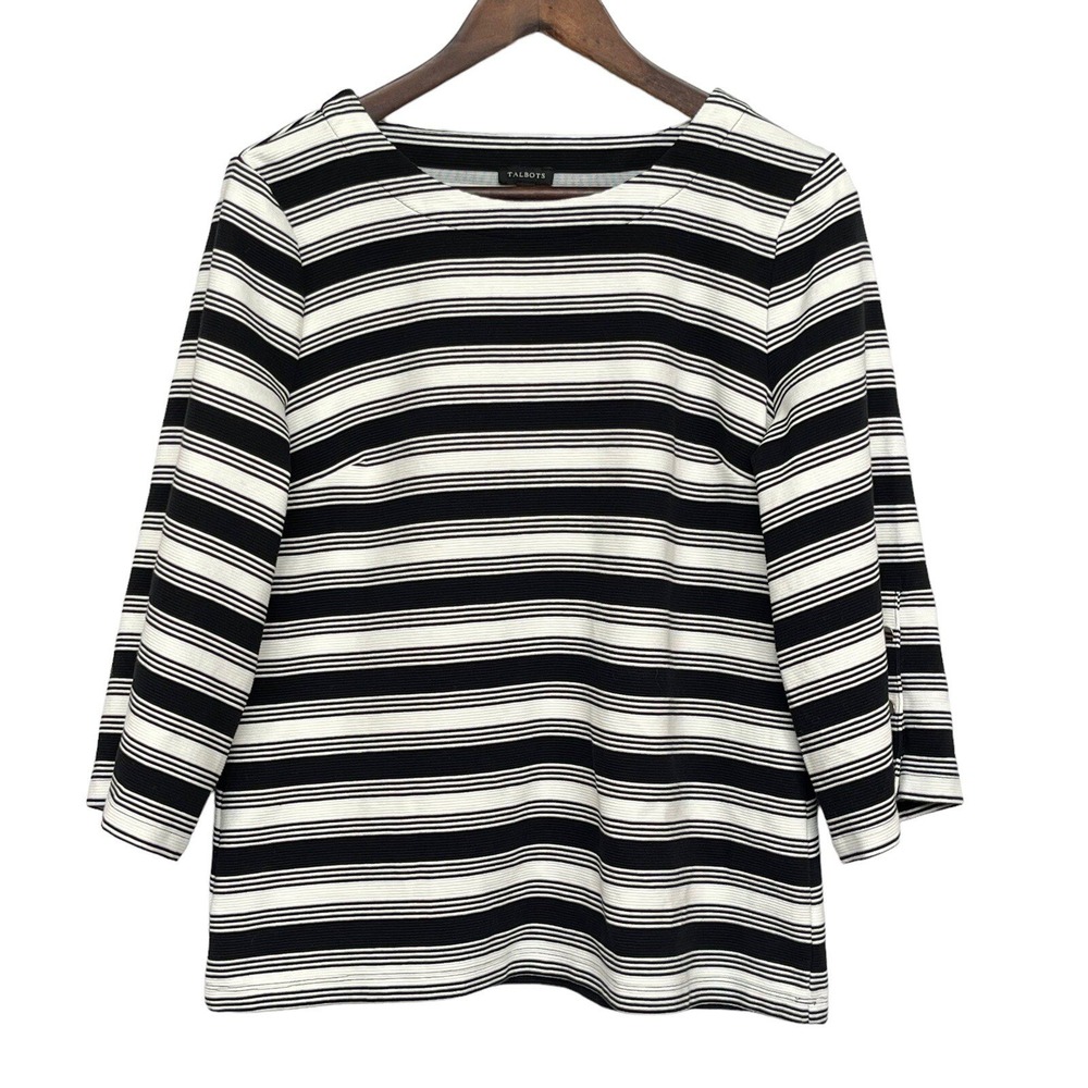 Talbots Striped Top Womens Medium Black White 3/4 Sleeve Button Cuff Excellent
